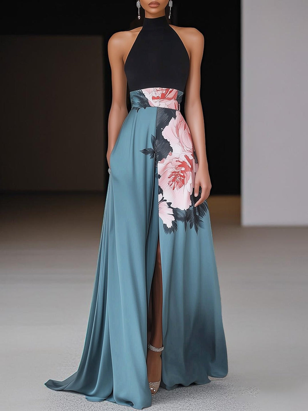 Women's Halter Neck Floral Maxi Dress - Black