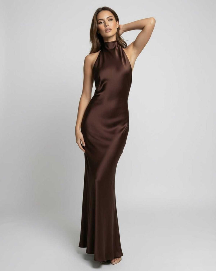 Women's Halter Neck High-Waist Satin Maxi Dress