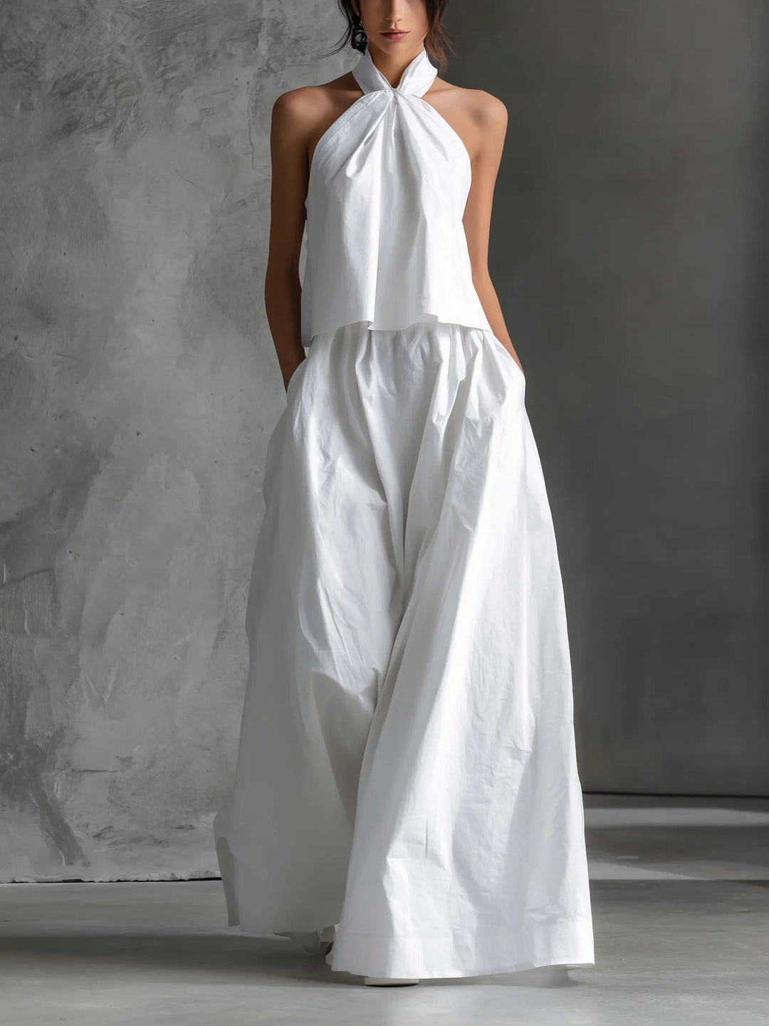 Women's Halter-Neck Linen Two-Piece Maxi Set - White