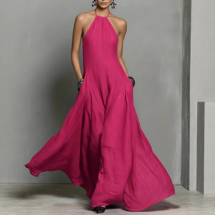 Women's Halter Neck Sleeveless Linen Maxi Dress - Hot Pink