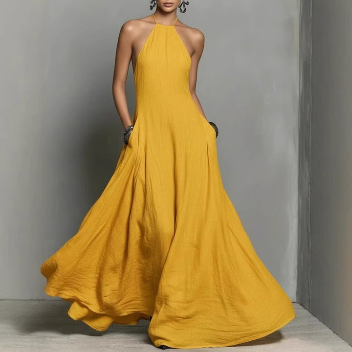Women's Halter Neck Sleeveless Linen Maxi Dress - Yellow