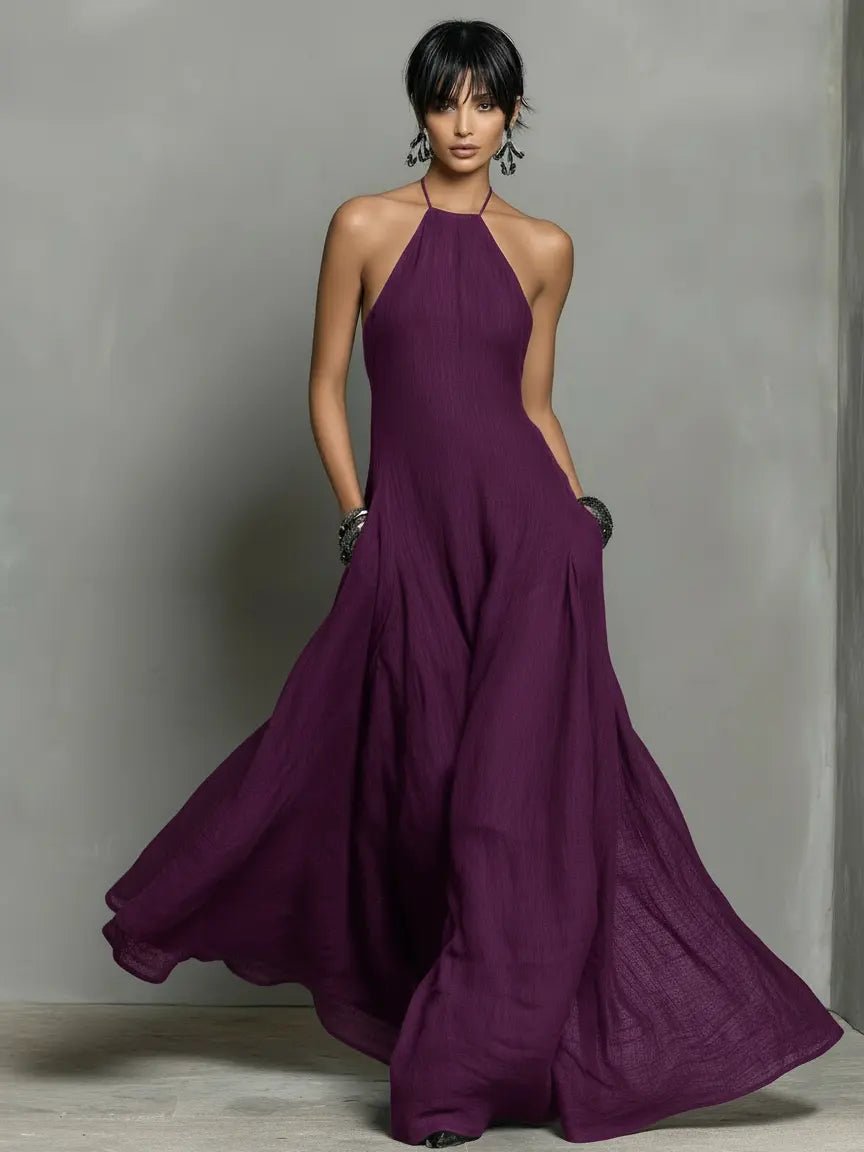 Women's Halter Neck Sleeveless Linen Maxi Dress - Purple