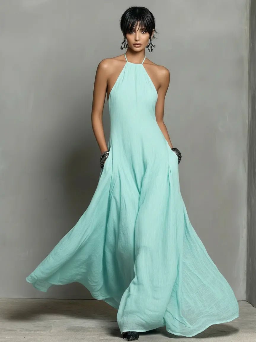 Women's Halter Neck Sleeveless Linen Maxi Dress - Mint Green