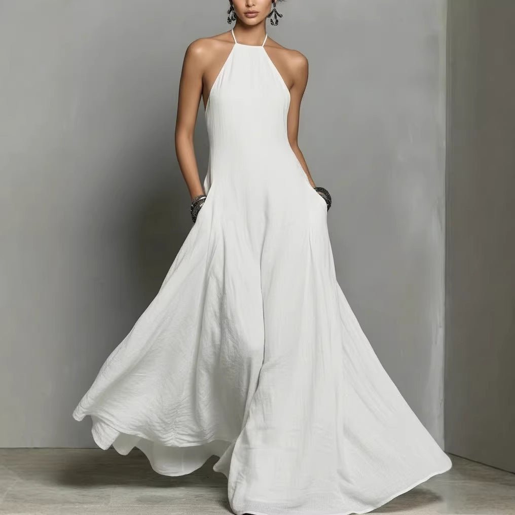 Women's Halter Neck Sleeveless Linen Maxi Dress - White
