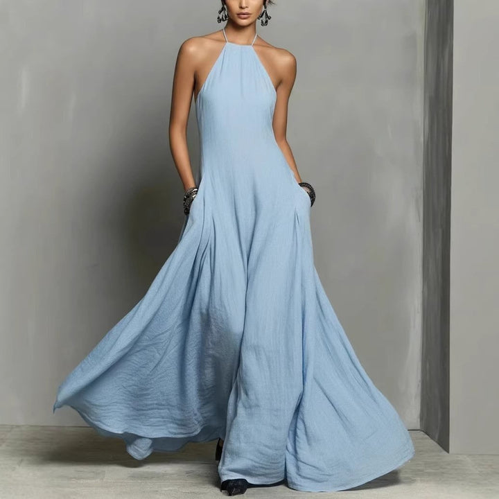 Women's Halter Neck Sleeveless Linen Maxi Dress - Light Blue
