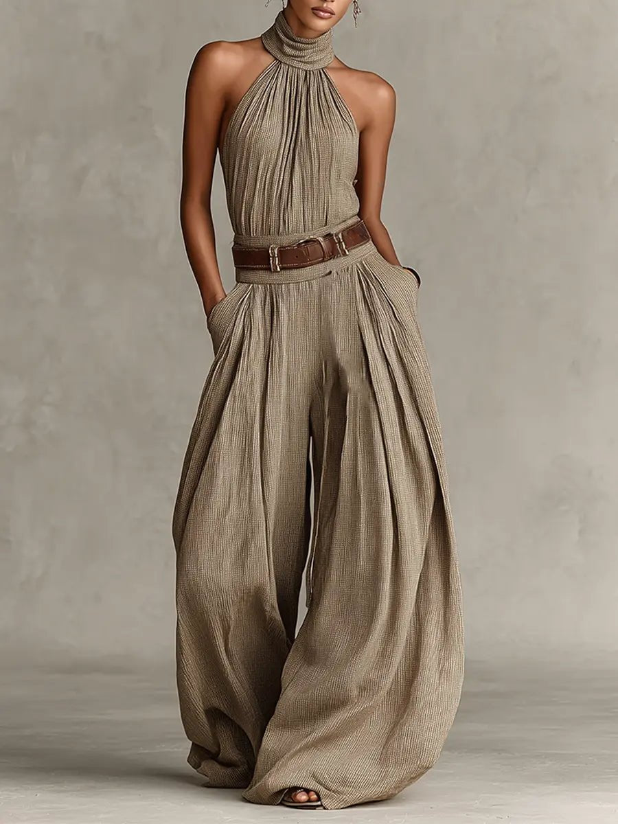 Women's Halter-Neck Wide-Leg Cotton Blend Jumpsuit - Taupe