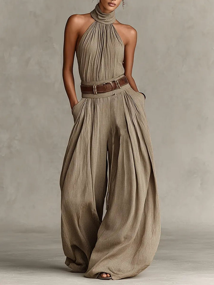 Women's Halter-Neck Wide-Leg Cotton Blend Jumpsuit - Taupe