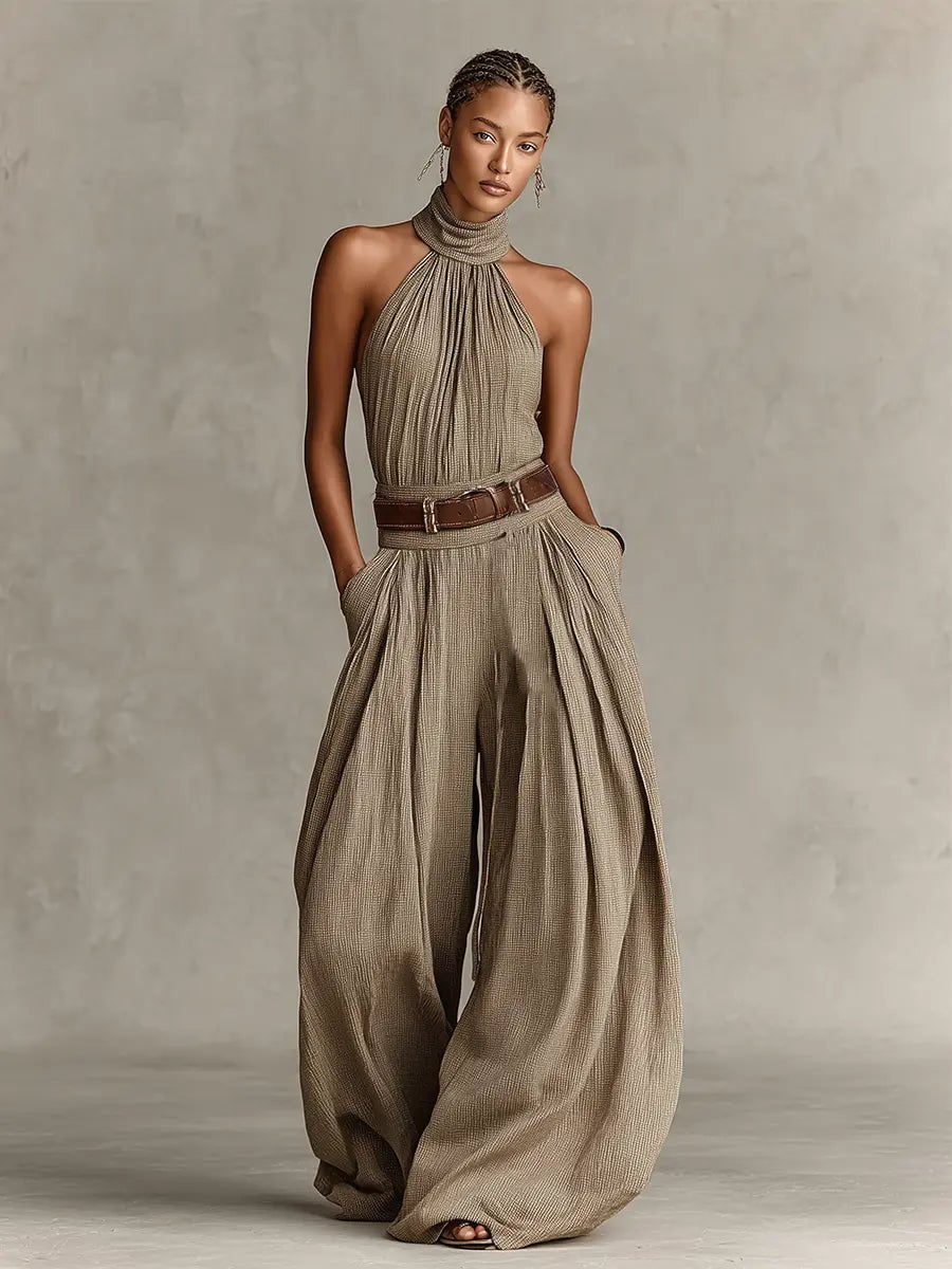 Women's Halter-Neck Wide-Leg Cotton Blend Jumpsuit