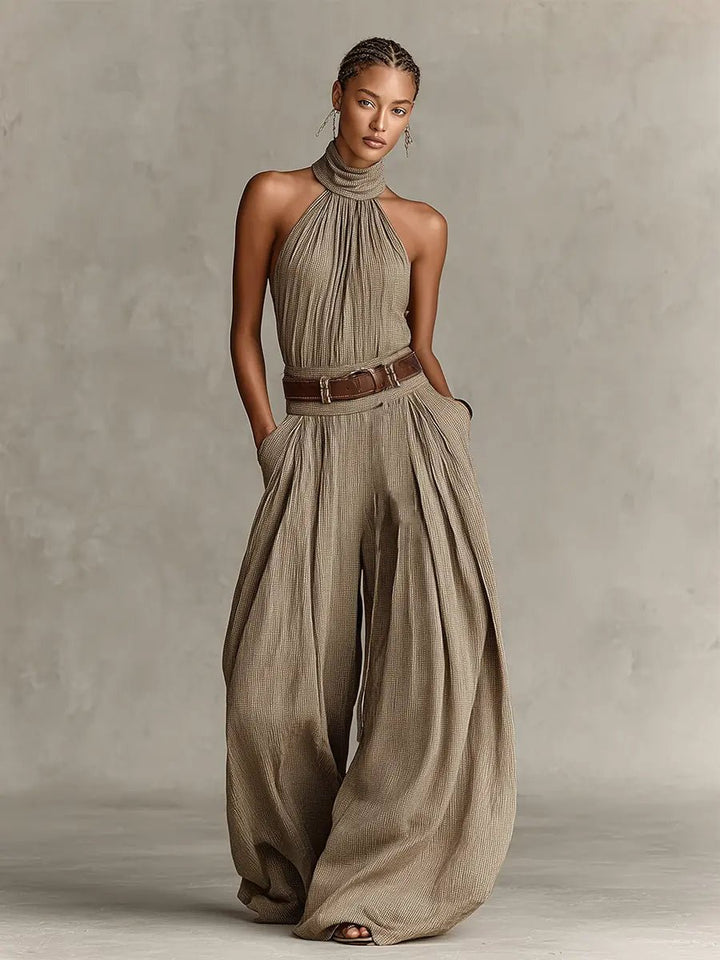 Women's Halter-Neck Wide-Leg Cotton Blend Jumpsuit