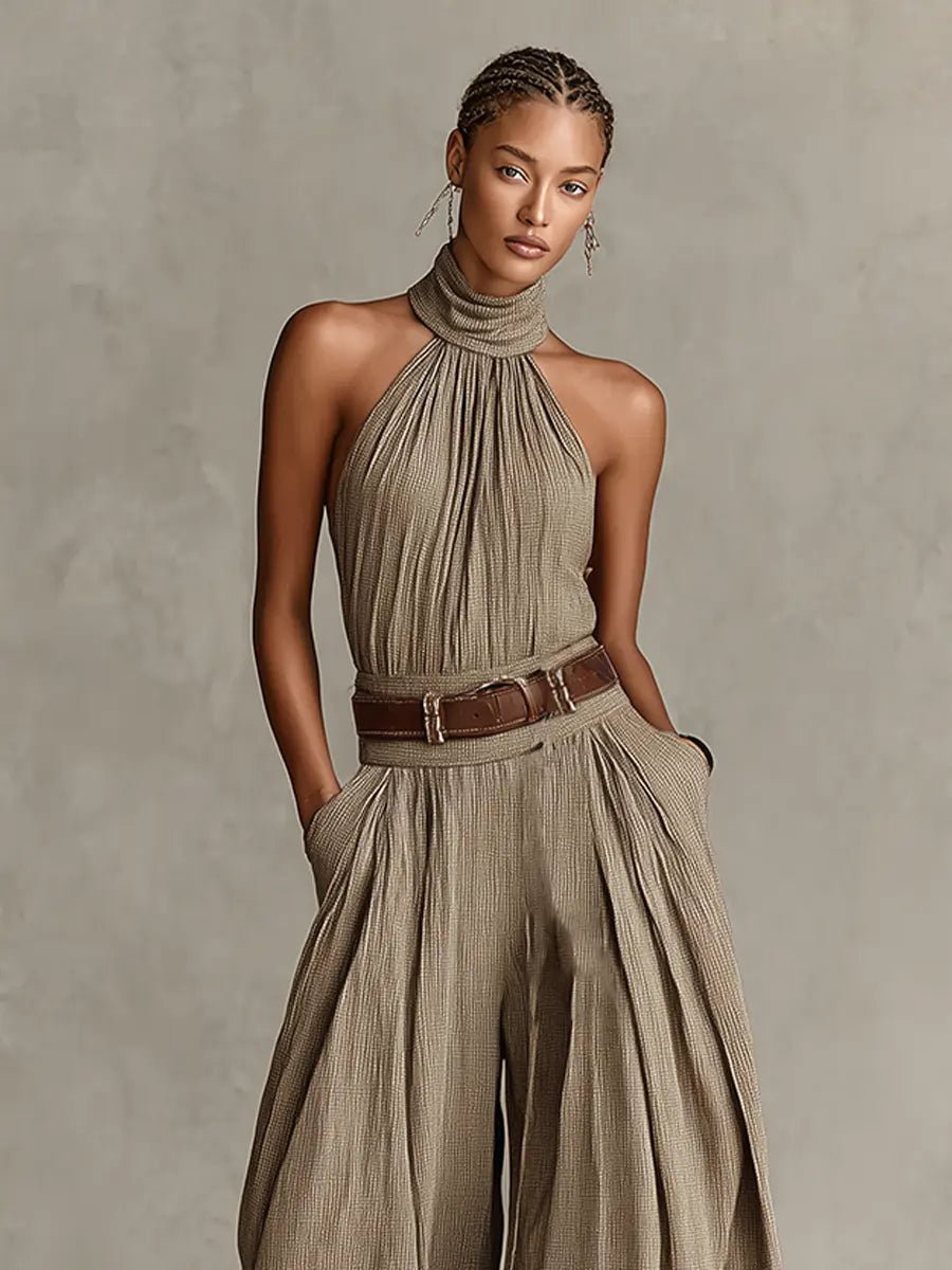 Women's Halter-Neck Wide-Leg Cotton Blend Jumpsuit