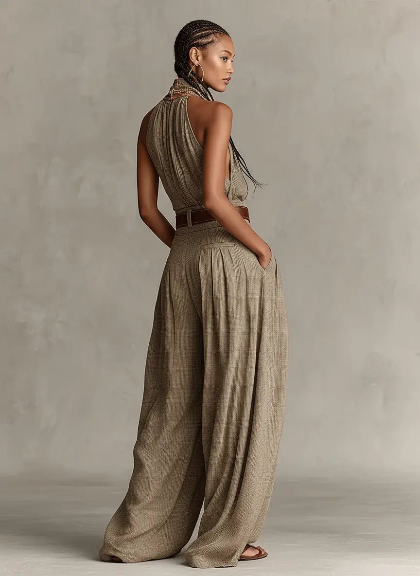 Women's Halter-Neck Wide-Leg Cotton Blend Jumpsuit