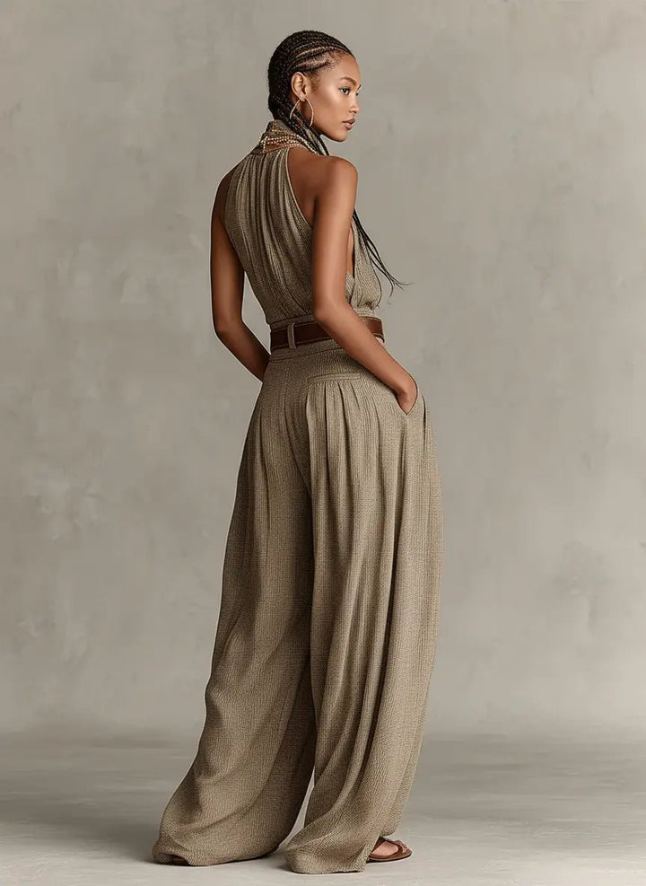 Women's Halter-Neck Wide-Leg Cotton Blend Jumpsuit