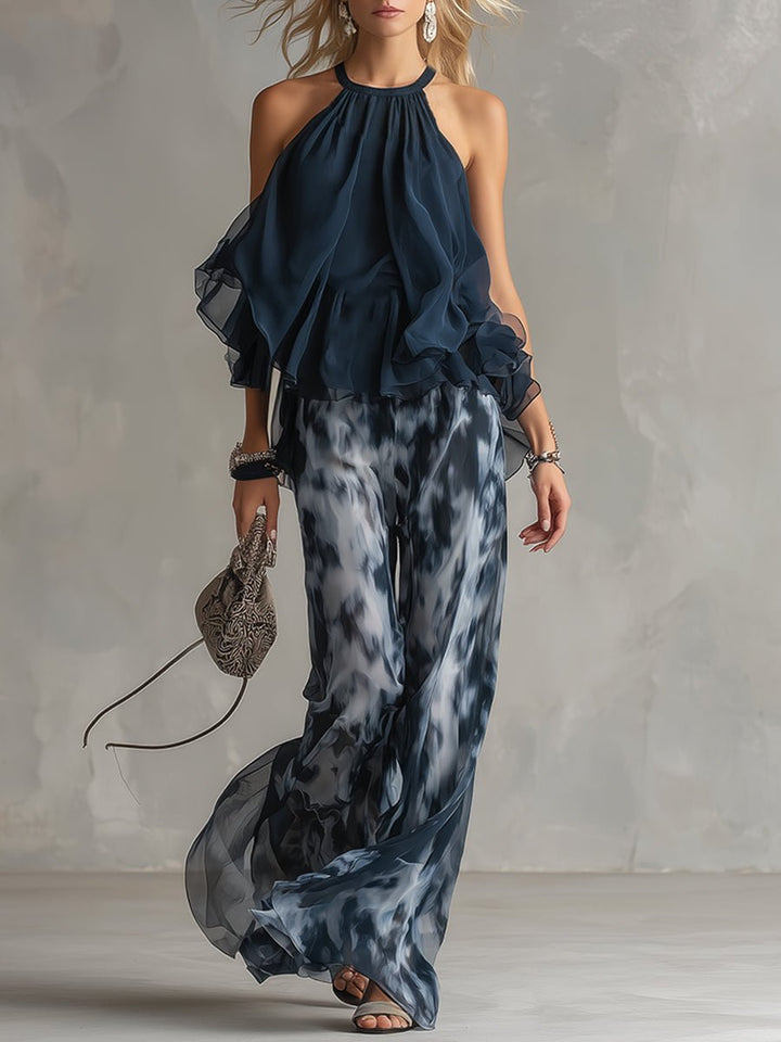 Women's Halter Two Piece Set with Wide Leg Pants - Navy Blue