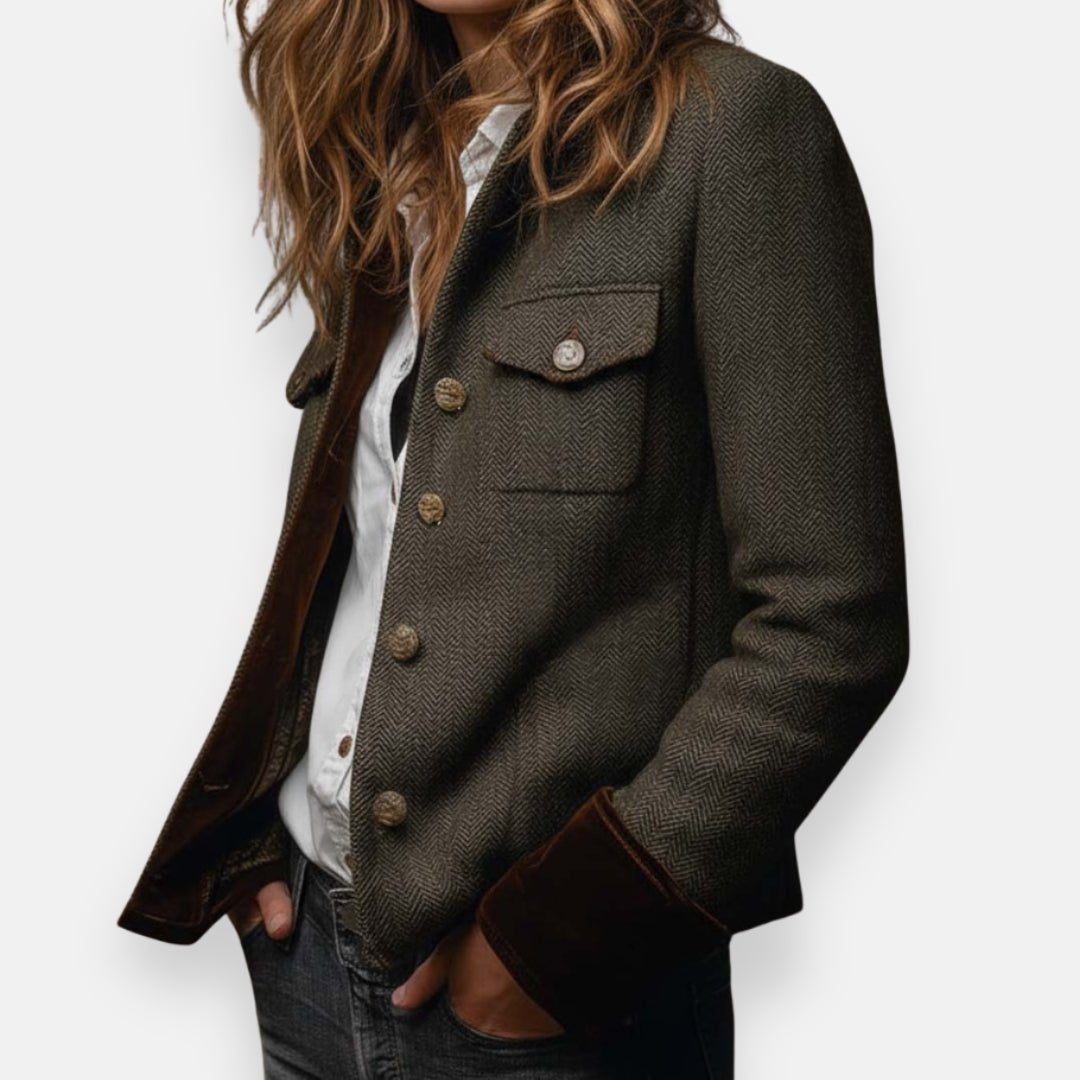 Women's Herringbone Button-Front Structured Blazer Jacket