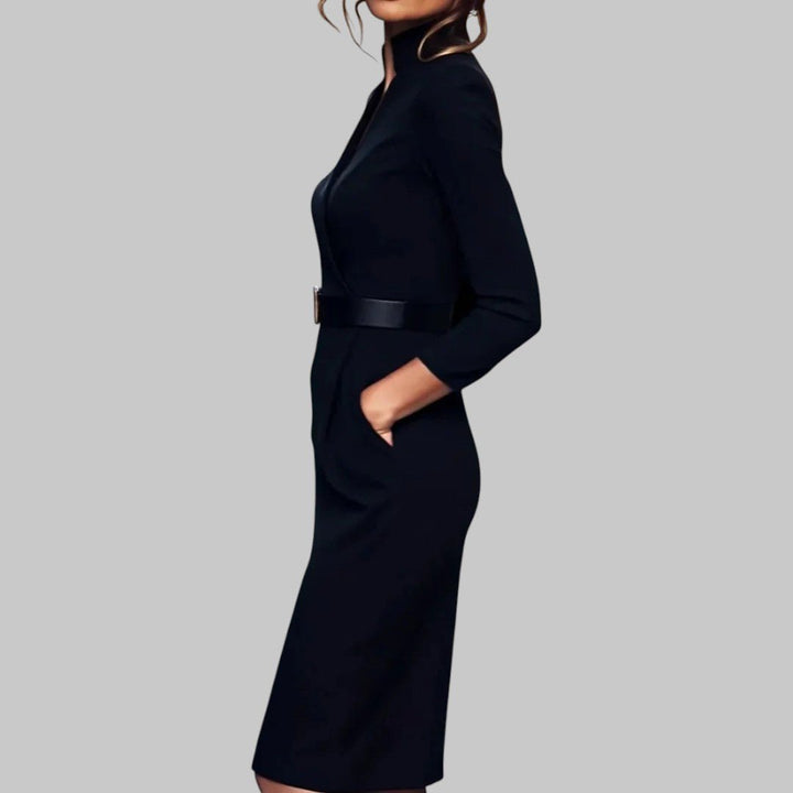 Women's High-Neck Belted Sheath Midi Dress
