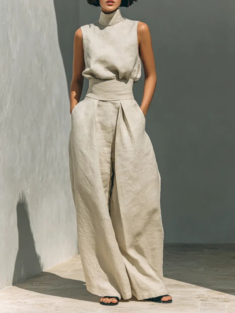 Women's High-Neck Cotton-Linen Wide-Leg Pants Set - Khaki