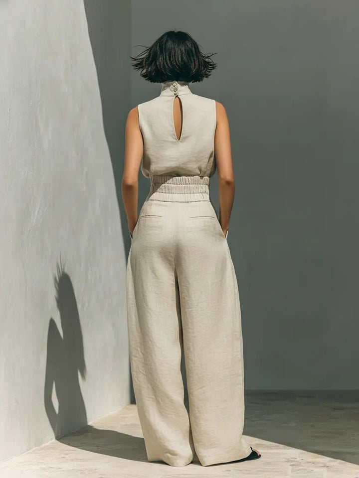 Women's High-Neck Cotton-Linen Wide-Leg Pants Set