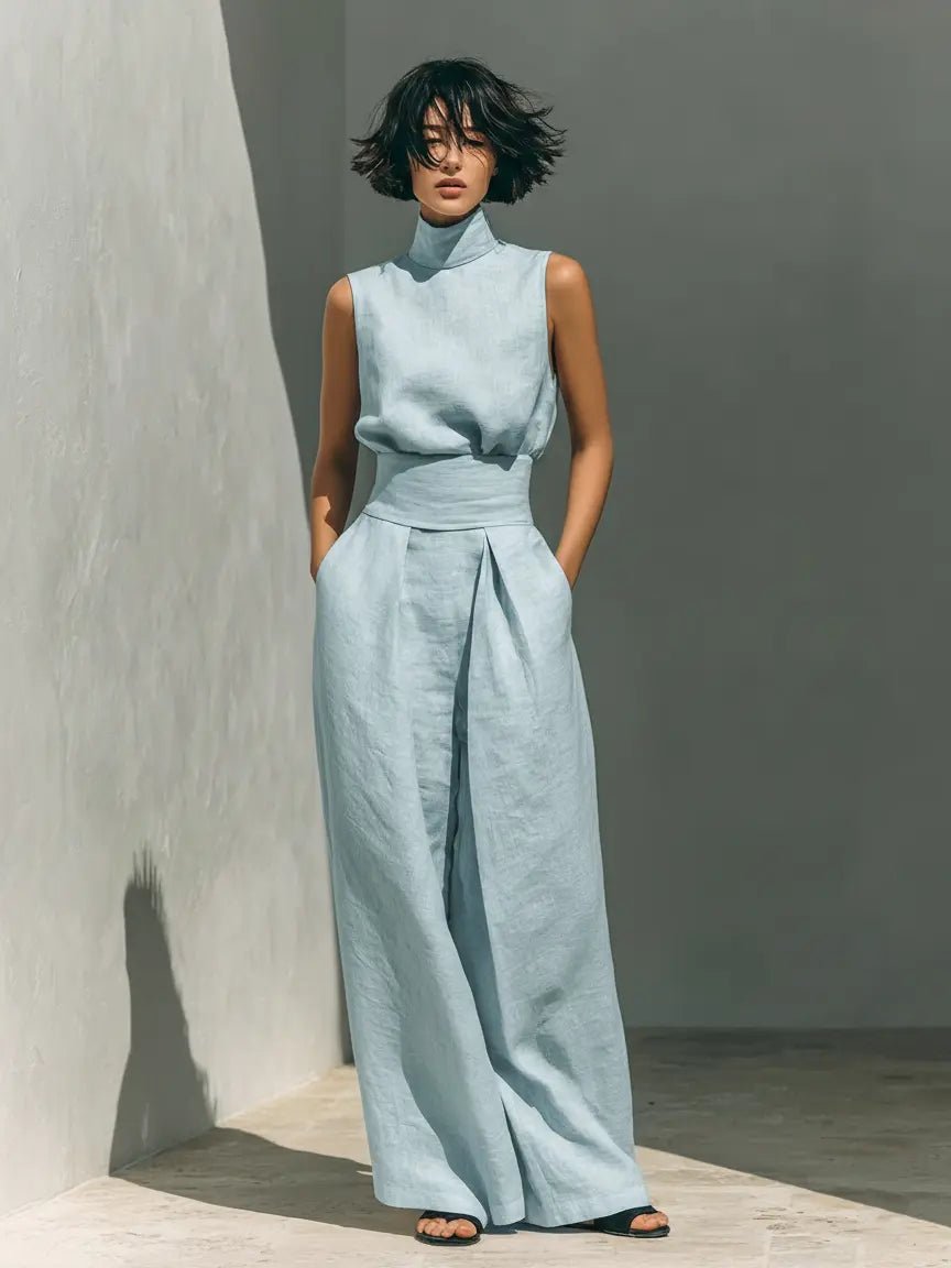 Women's High-Neck Cotton-Linen Wide-Leg Pants Set - Light Blue