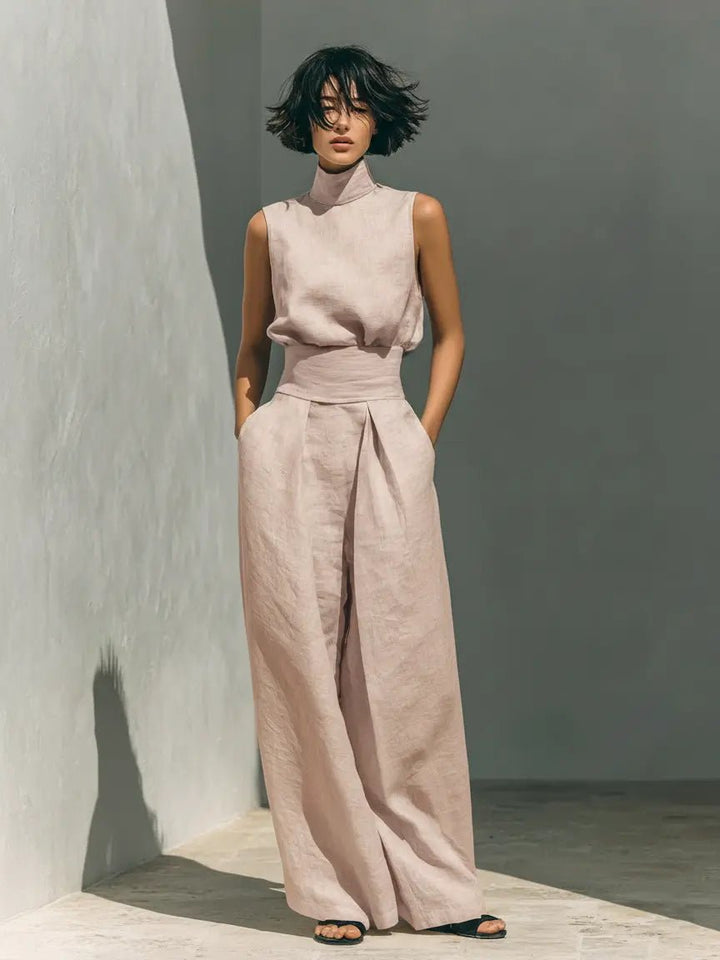 Women's High-Neck Cotton-Linen Wide-Leg Pants Set - Light Pink