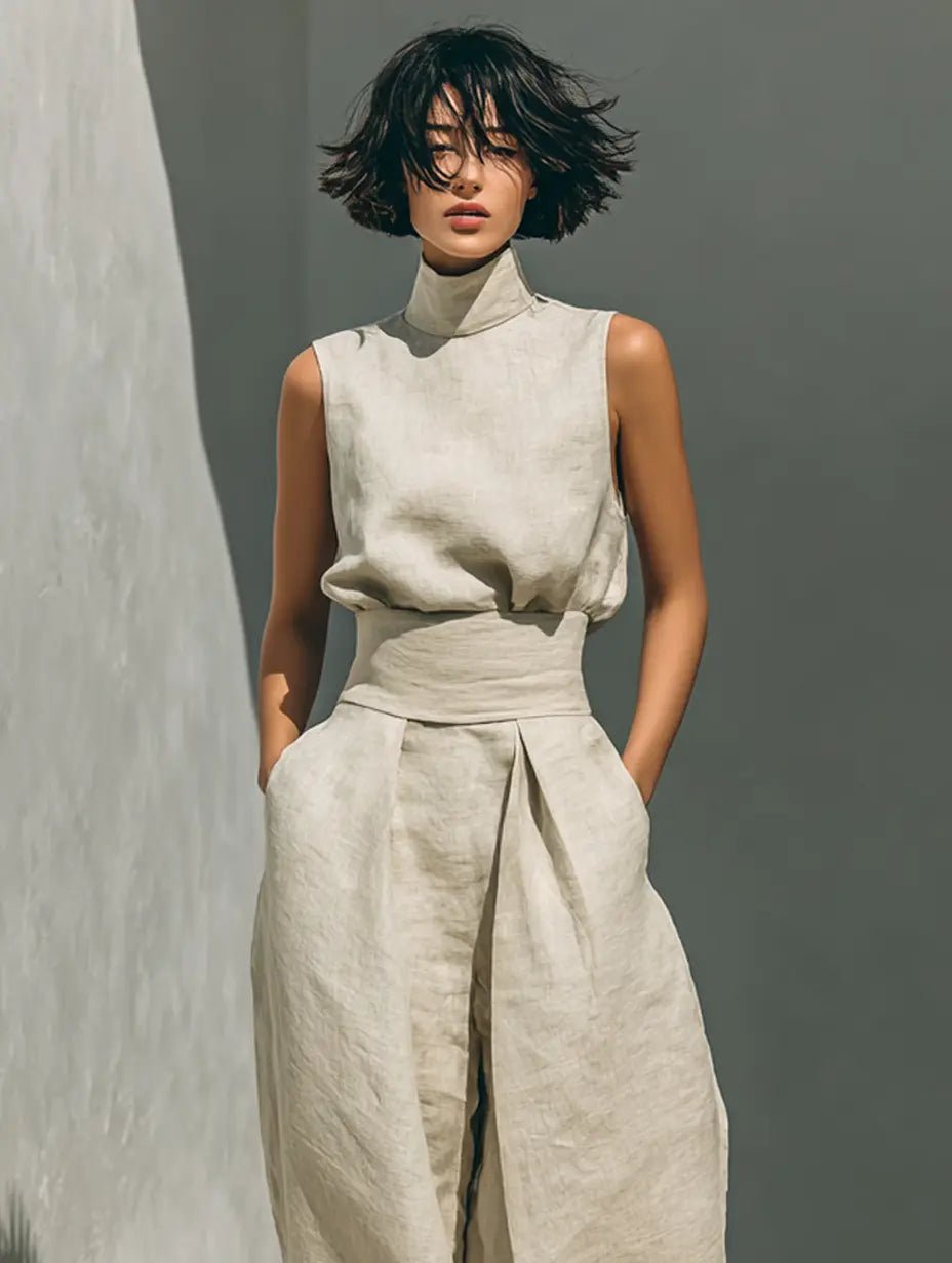 Women's High-Neck Cotton-Linen Wide-Leg Pants Set