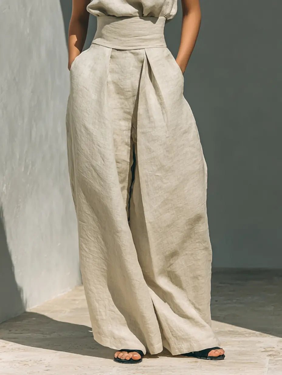 Women's High-Neck Cotton-Linen Wide-Leg Pants Set