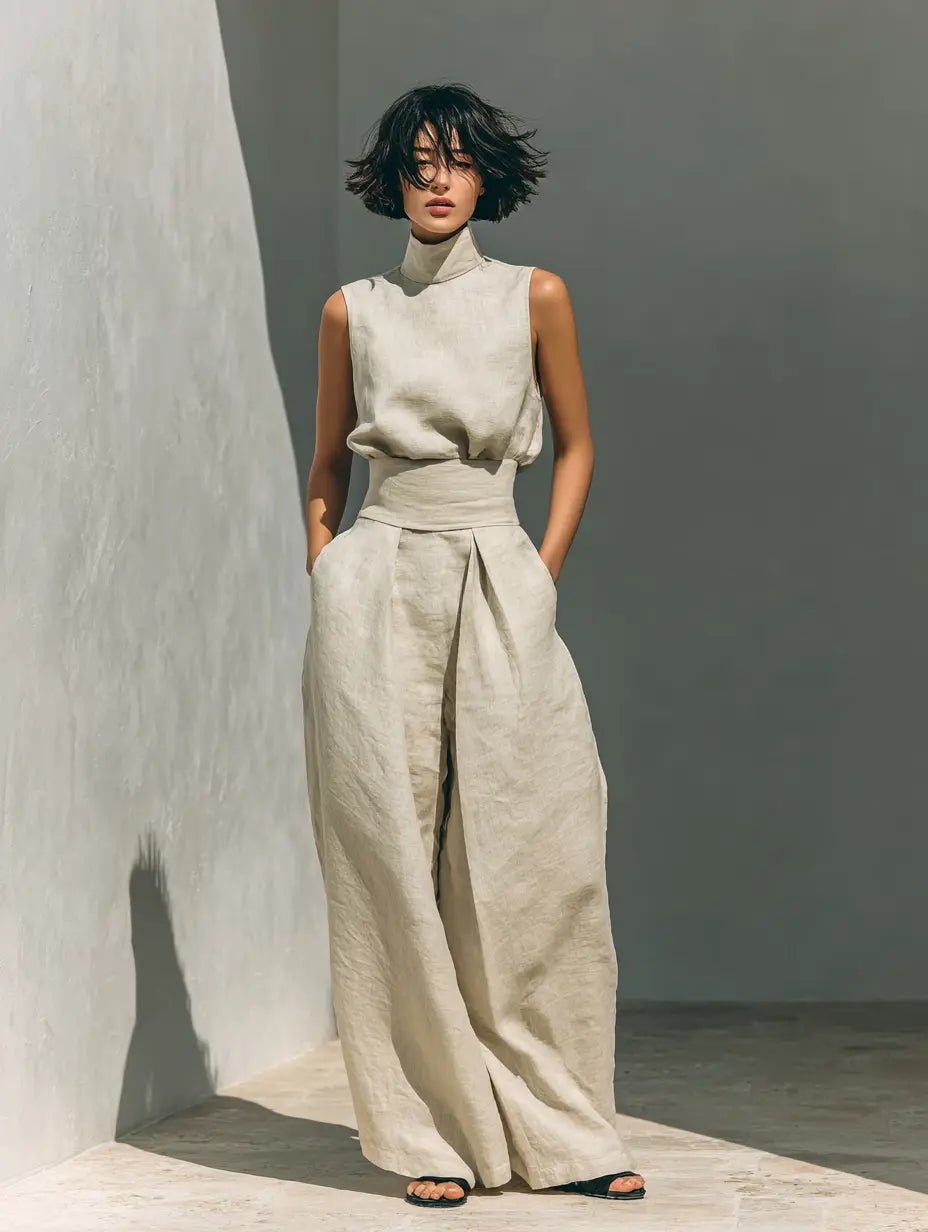 Women's High-Neck Cotton-Linen Wide-Leg Pants Set