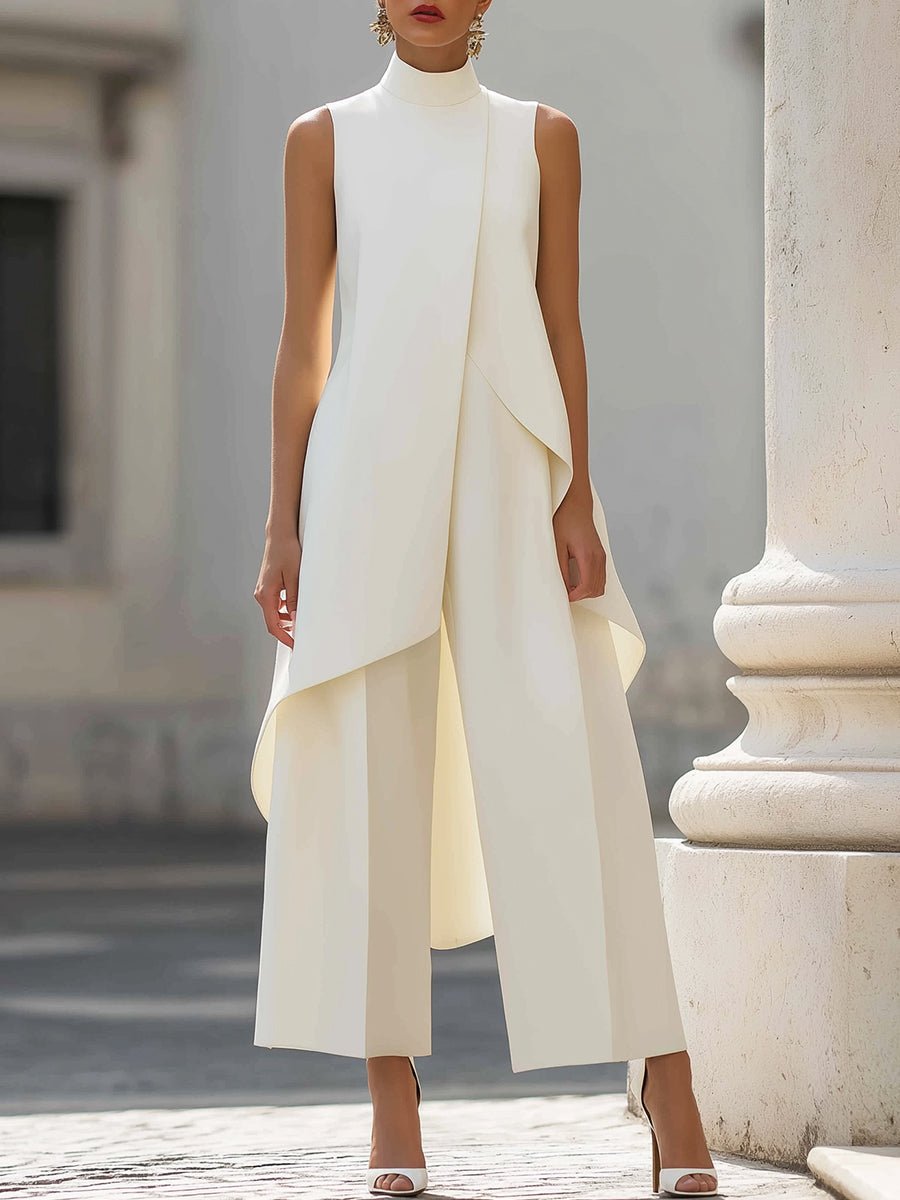 Women's High-Neck Sleeveless Asymmetric Wide-Leg Pants Set - White