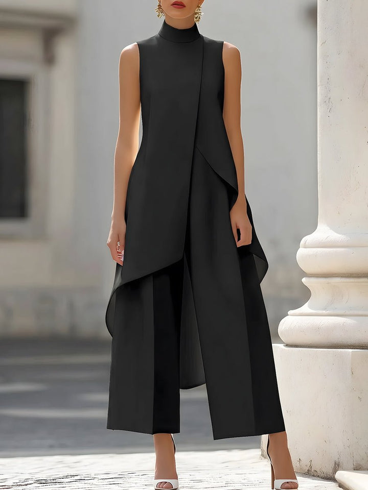 Women's High-Neck Sleeveless Asymmetric Wide-Leg Pants Set - Black