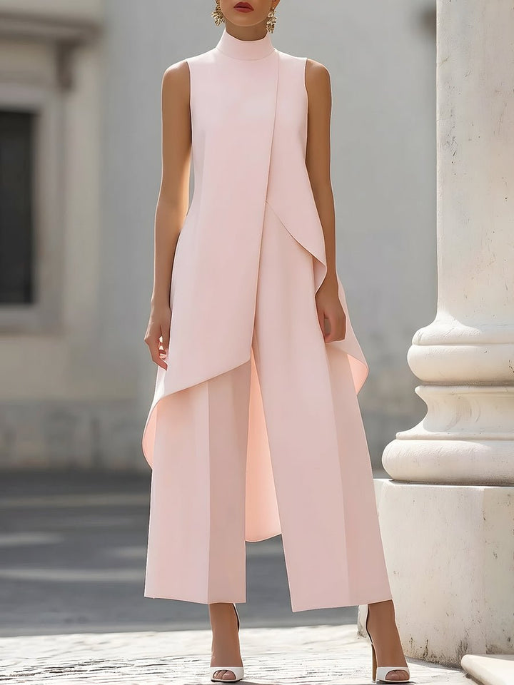 Women's High-Neck Sleeveless Asymmetric Wide-Leg Pants Set - Pink