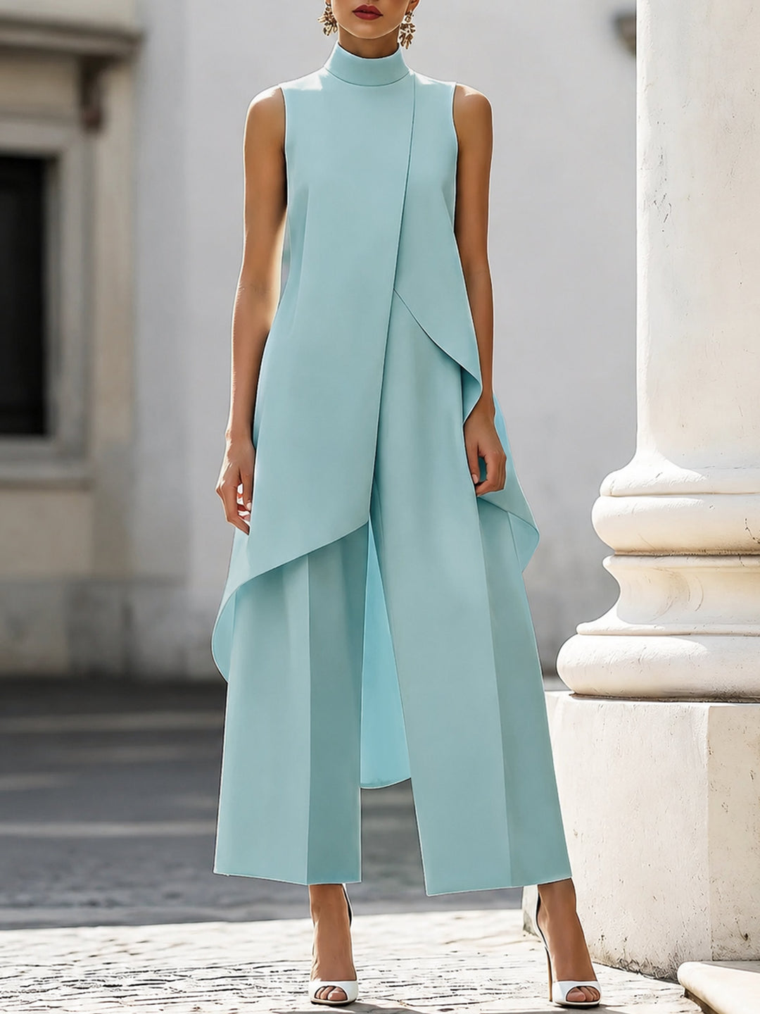 Women's High-Neck Sleeveless Asymmetric Wide-Leg Pants Set - Sky Blue