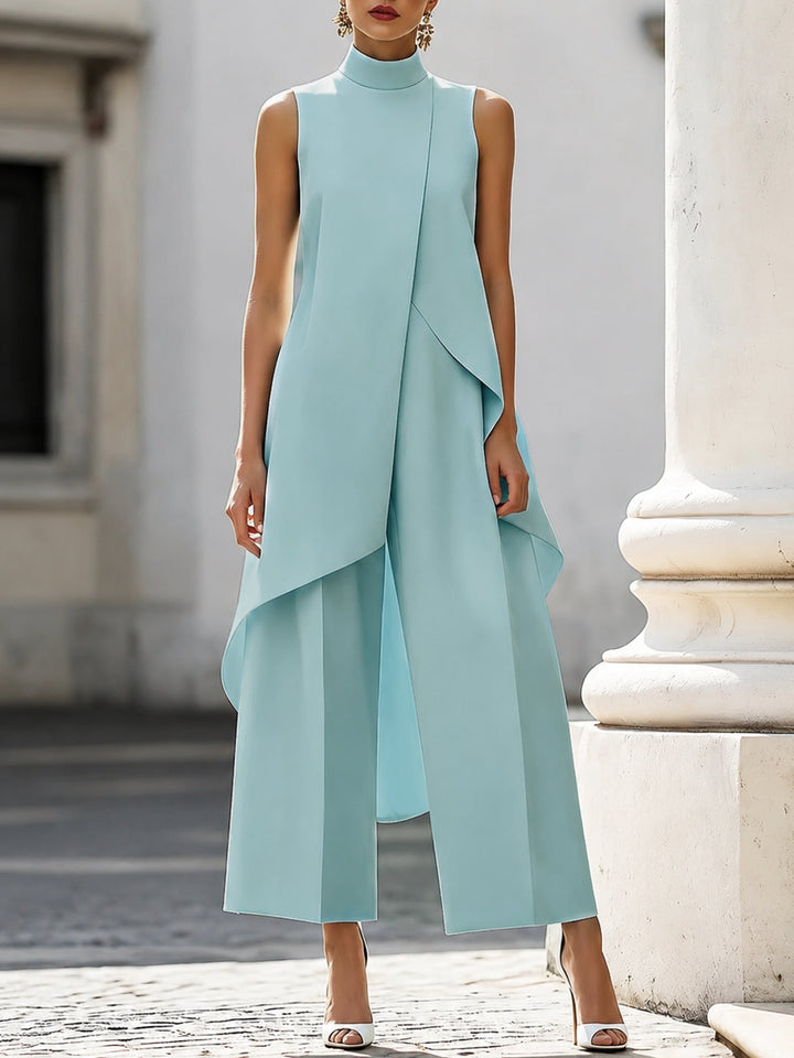Women's High-Neck Sleeveless Asymmetric Wide-Leg Pants Set - Sky Blue