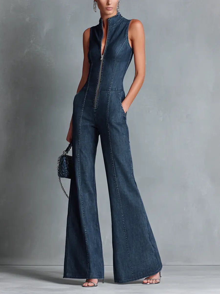 Women's High-Neck Stretch Denim Flared Jumpsuit - Blue