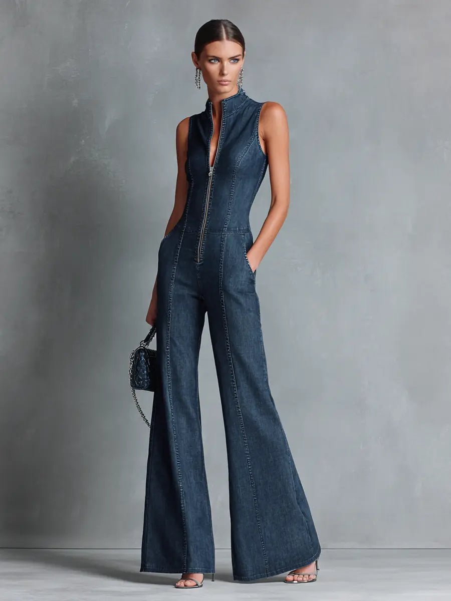 Women's High-Neck Stretch Denim Flared Jumpsuit