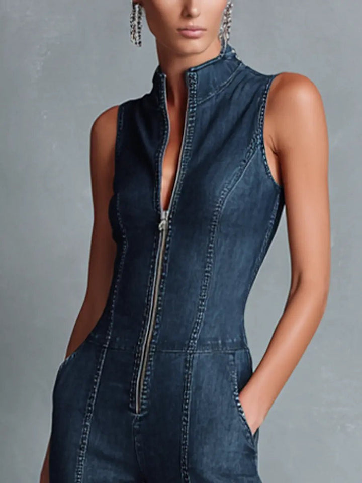 Women's High-Neck Stretch Denim Flared Jumpsuit
