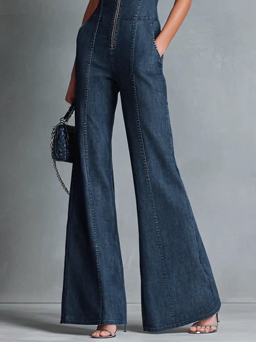 Women's High-Neck Stretch Denim Flared Jumpsuit