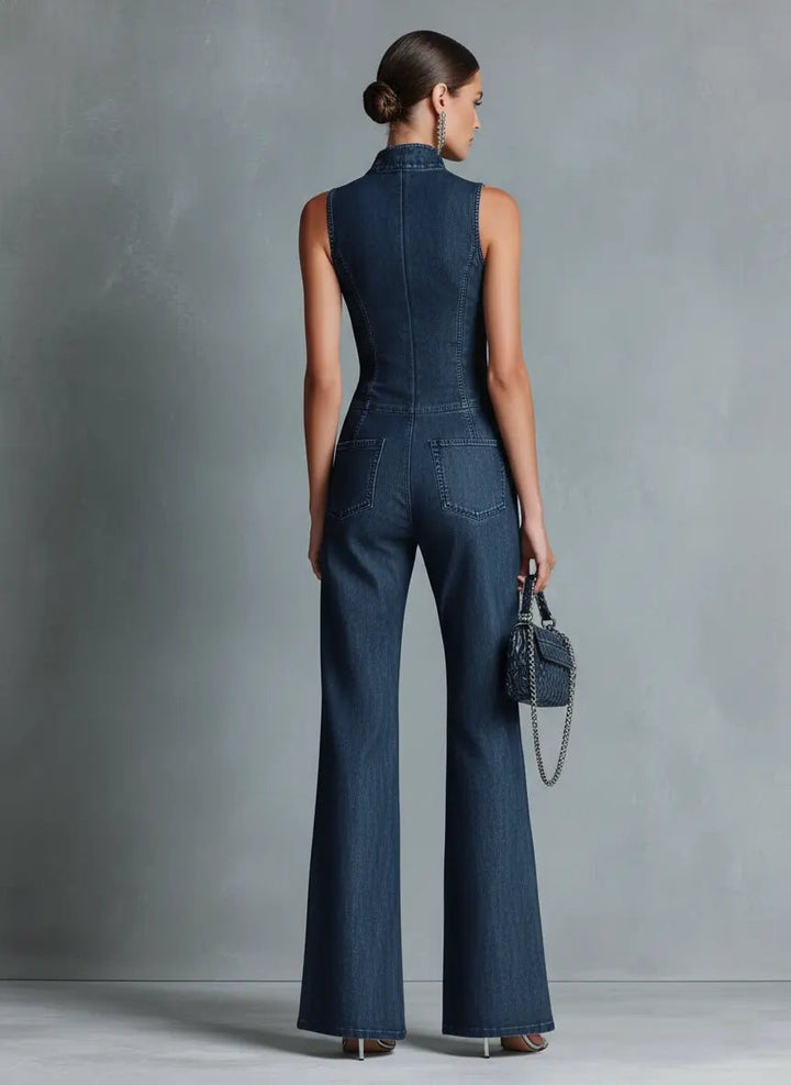 Women's High-Neck Stretch Denim Flared Jumpsuit