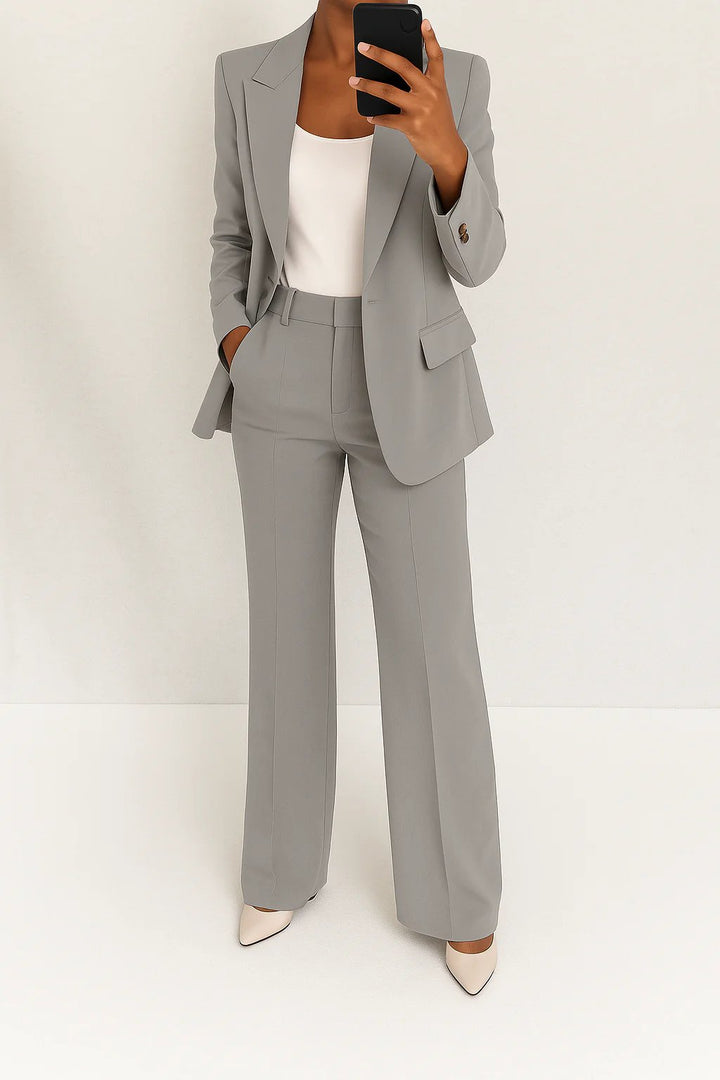 Women's High-Rise Wide-Leg Single-Button Blazer Suit Set - Grey