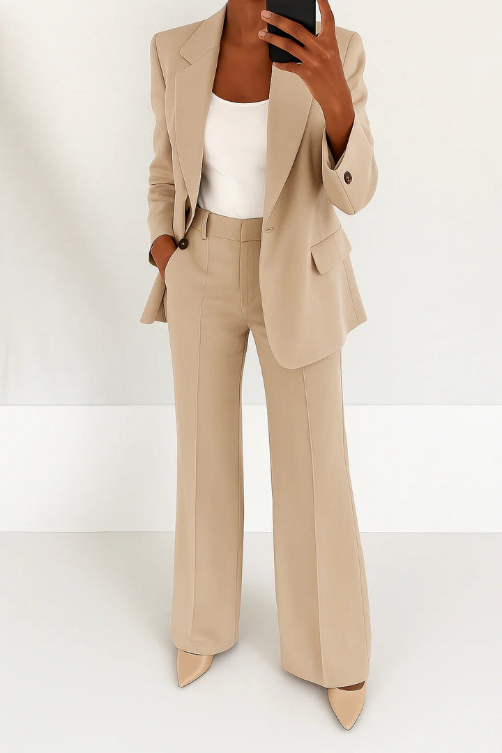 Women's High-Rise Wide-Leg Single-Button Blazer Suit Set - Beige