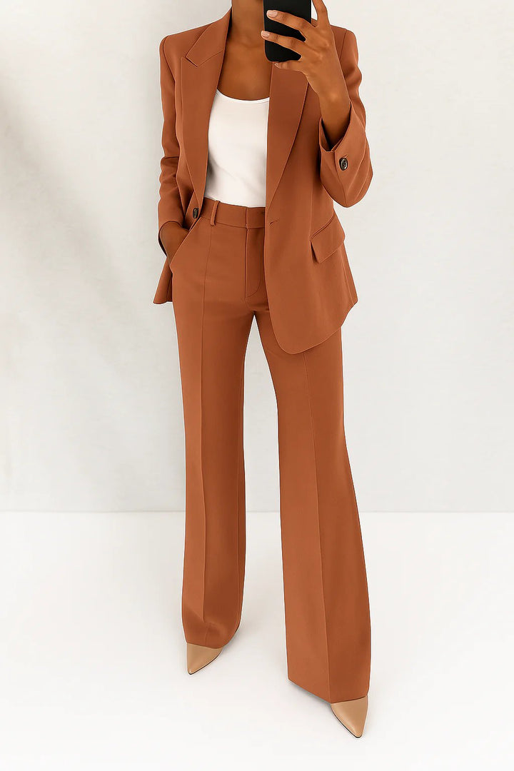 Women's High-Rise Wide-Leg Single-Button Blazer Suit Set - Brown