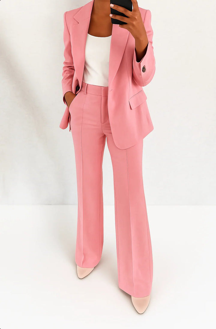 Women's High-Rise Wide-Leg Single-Button Blazer Suit Set - Pink