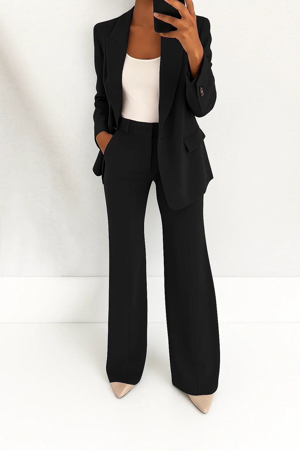 Women's High-Rise Wide-Leg Single-Button Blazer Suit Set - Black