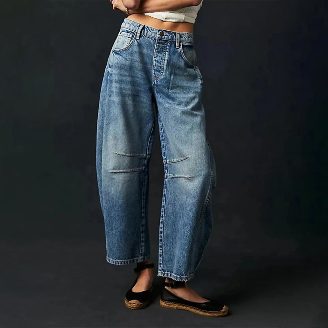 Women's High-Waist Barrel-Leg Relaxed-Fit Denim Jeans - Dark Blue