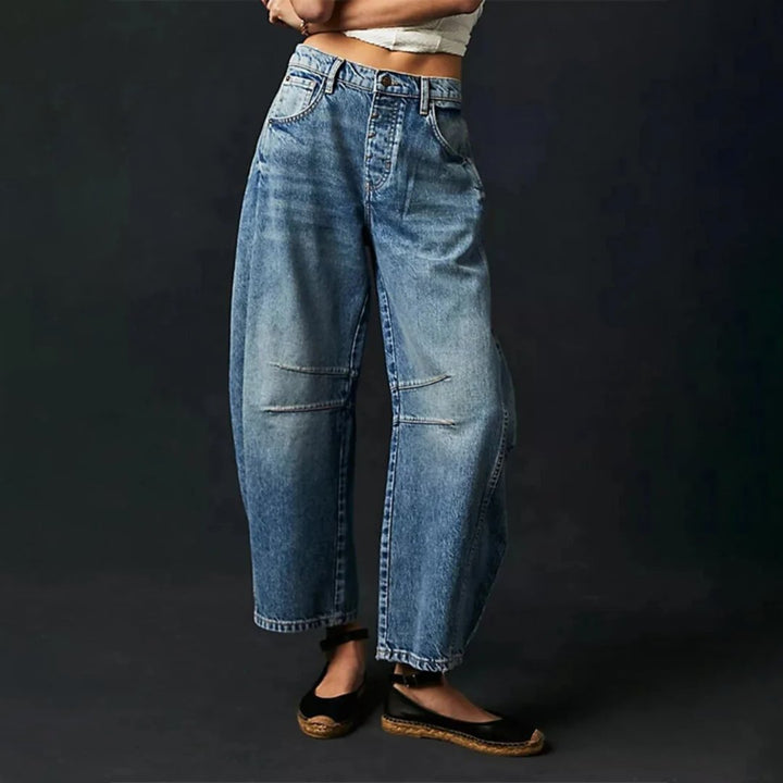 Women's High-Waist Barrel-Leg Relaxed-Fit Denim Jeans - Dark Blue