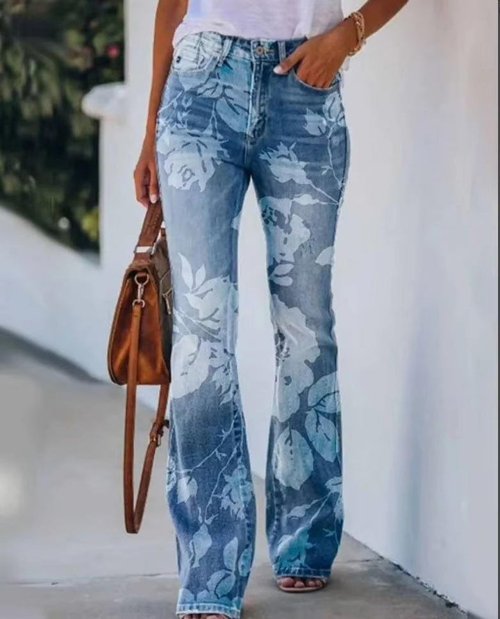 Women's High-Waist Botanical Floral Flare Jeans - Blue 5
