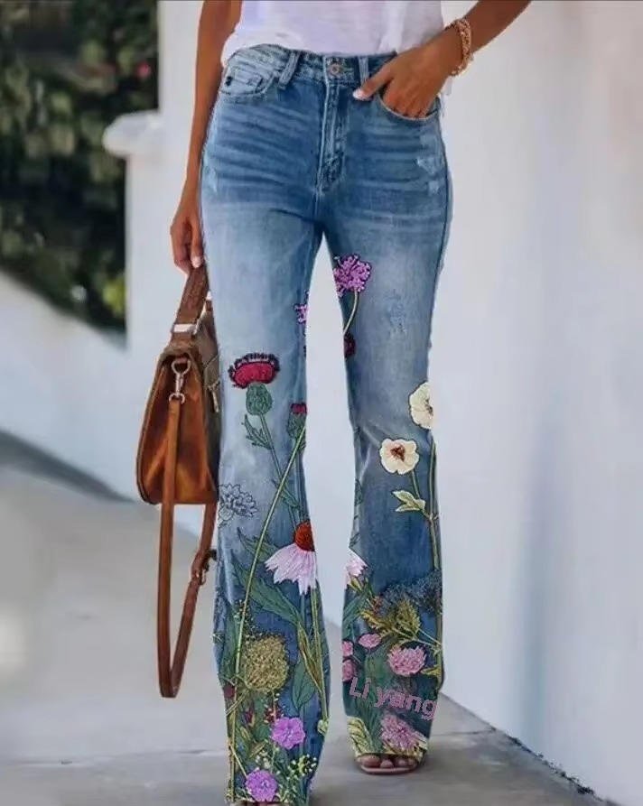 Women's High-Waist Botanical Floral Flare Jeans - Blue 6