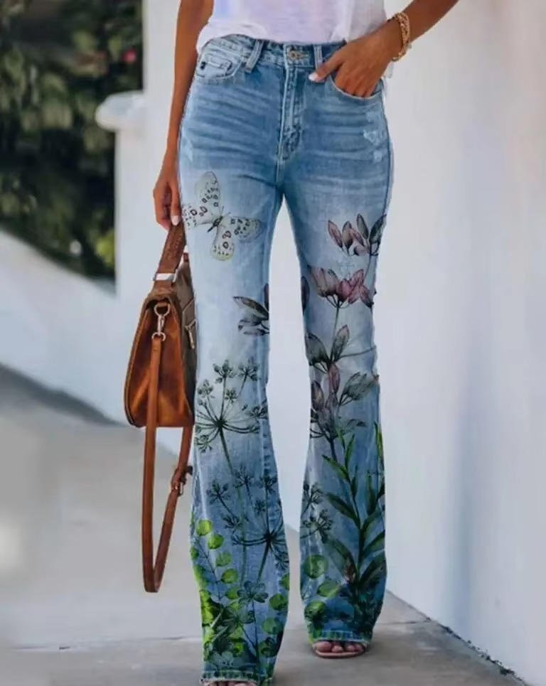 Women's High-Waist Botanical Floral Flare Jeans - Blue 7