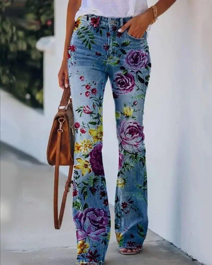 Women's High-Waist Botanical Floral Flare Jeans - Blue 3