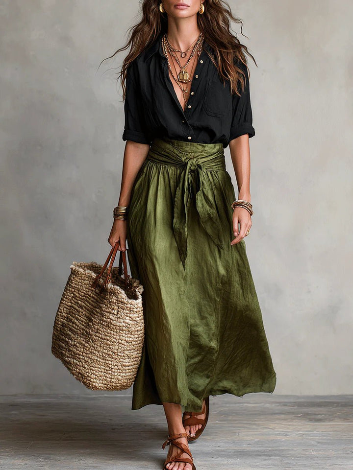Women's High-Waist Button-Up Two-Piece Maxi Set - Green