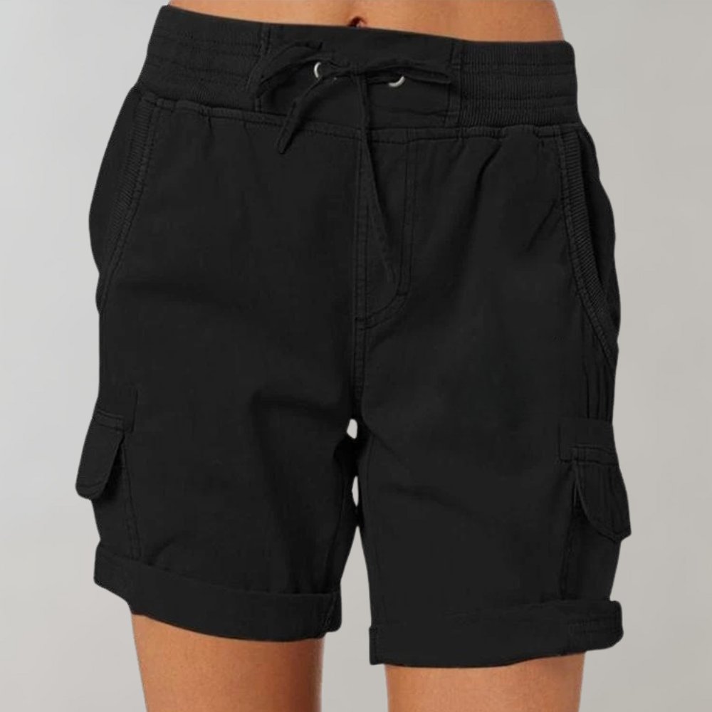 Women's High-Waist Drawstring Cargo Shorts - Zwart