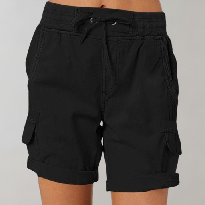 Women's High-Waist Drawstring Cargo Shorts - Zwart